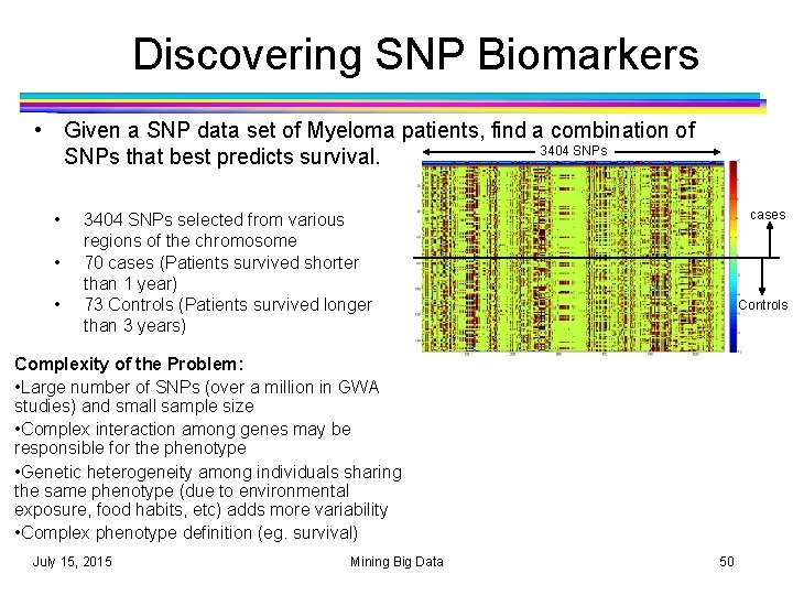 Discovering SNP Biomarkers • Given a SNP data set of Myeloma patients, find a