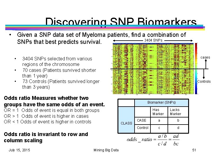 Discovering SNP Biomarkers • Given a SNP data set of Myeloma patients, find a