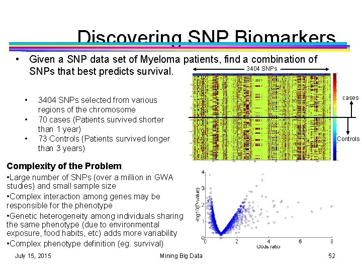 Discovering SNP Biomarkers • Given a SNP data set of Myeloma patients, find a