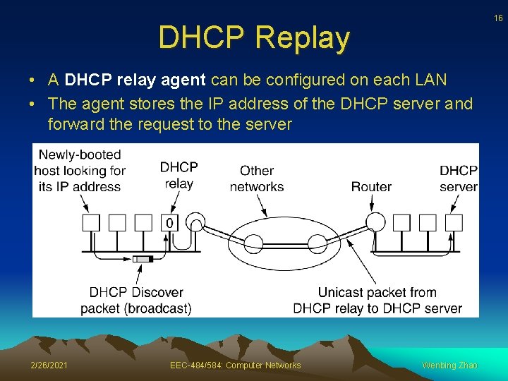 16 DHCP Replay • A DHCP relay agent can be configured on each LAN