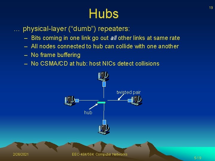 19 Hubs … physical-layer (“dumb”) repeaters: – – Bits coming in one link go