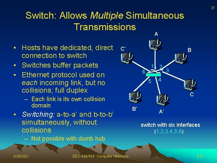 21 Switch: Allows Multiple Simultaneous Transmissions A • Hosts have dedicated, direct connection to