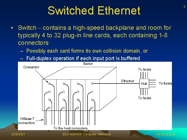 Switched Ethernet 3 • Switch – contains a high-speed backplane and room for typically