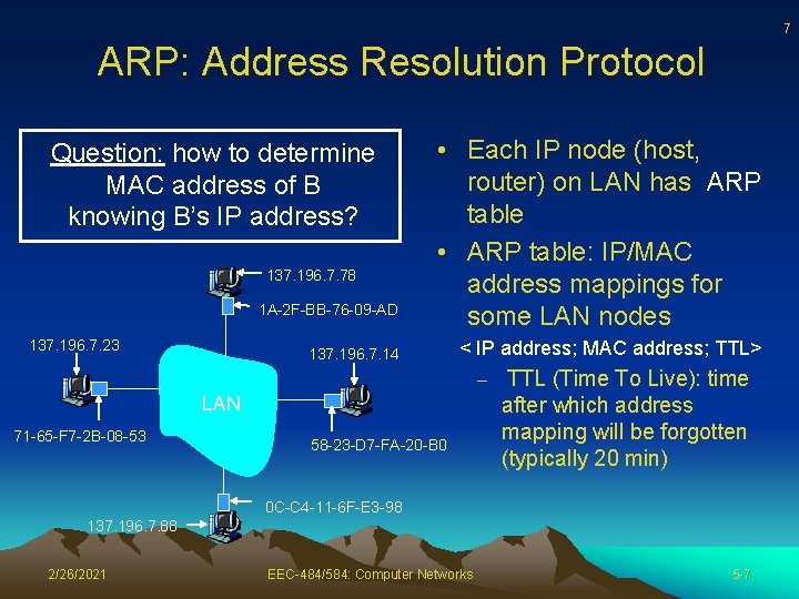 7 ARP: Address Resolution Protocol Question: how to determine MAC address of B knowing