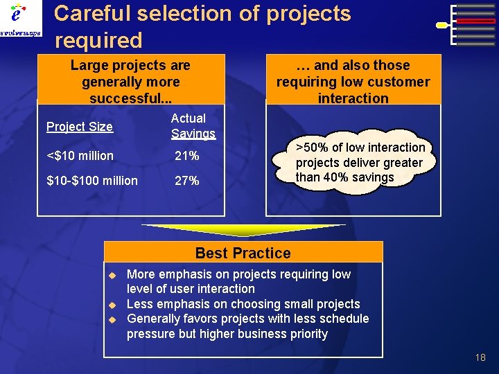 Careful selection of projects required Large projects are generally more successful. . . …