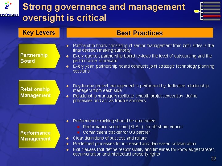 Strong governance and management oversight is critical Key Levers Best Practices u Partnership Board