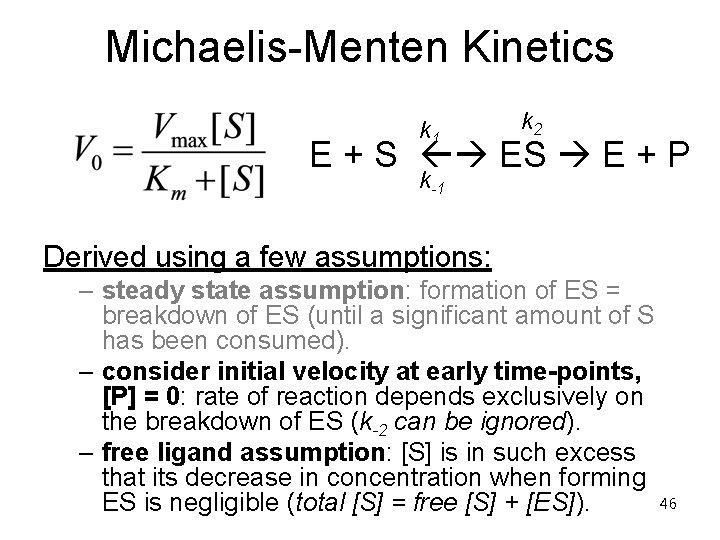 Michaelis-Menten Kinetics k 1 k 2 E + S E + P k-1 Derived
