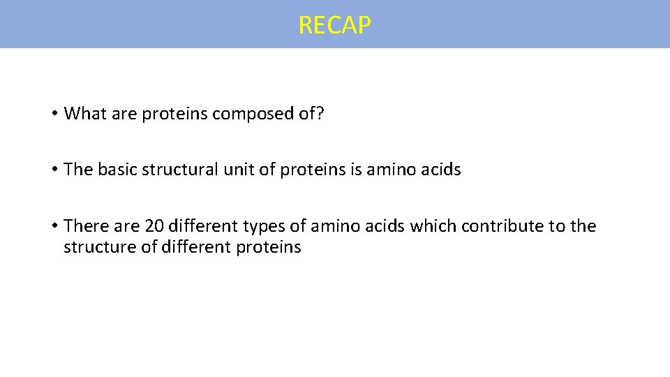 RECAP • What are proteins composed of? • The basic structural unit of proteins