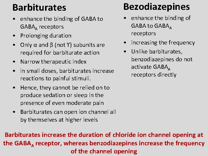Barbiturates Bezodiazepines • enhance the binding of GABA to GABAA receptors • Prolonging duration