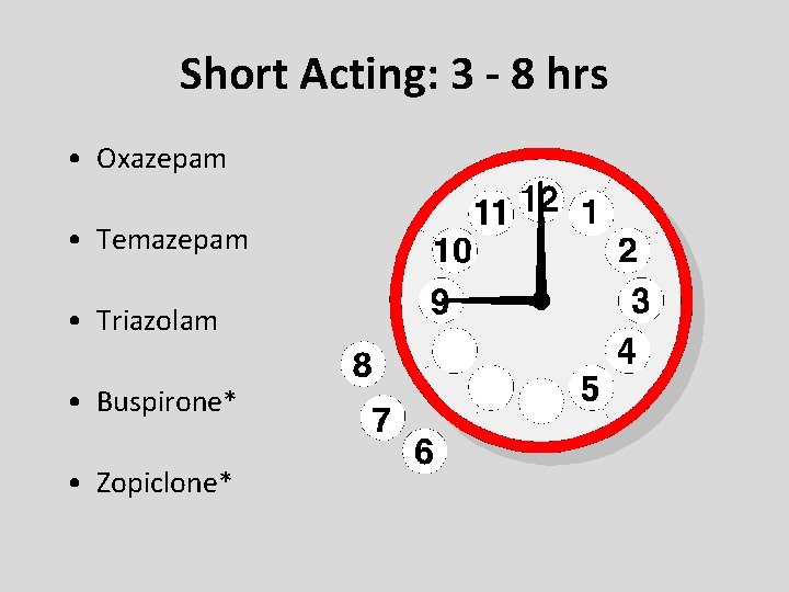 Short Acting: 3 - 8 hrs • Oxazepam • Temazepam • Triazolam • Buspirone*