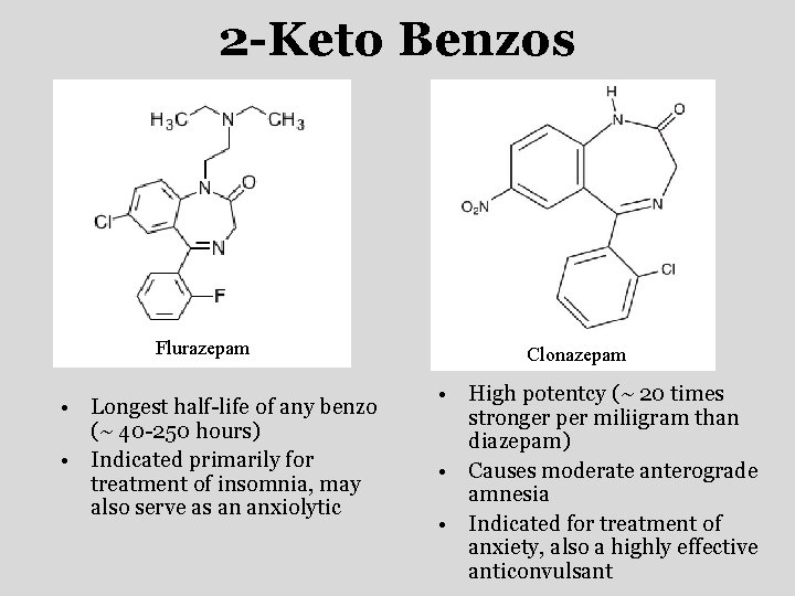 2 -Keto Benzos Flurazepam • Longest half-life of any benzo (~ 40 -250 hours) 2 -Keto Benzos Flurazepam • Longest half-life of any benzo (~ 40 -250 hours)