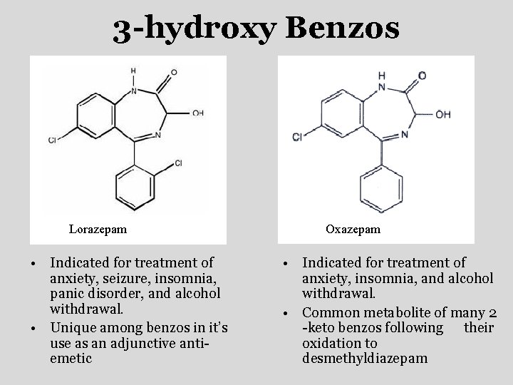 3 -hydroxy Benzos Lorazepam • Indicated for treatment of anxiety, seizure, insomnia, panic disorder,