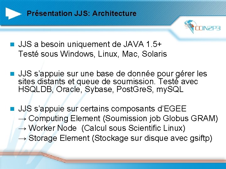 Présentation JJS: Architecture n JJS a besoin uniquement de JAVA 1. 5+ Testé sous