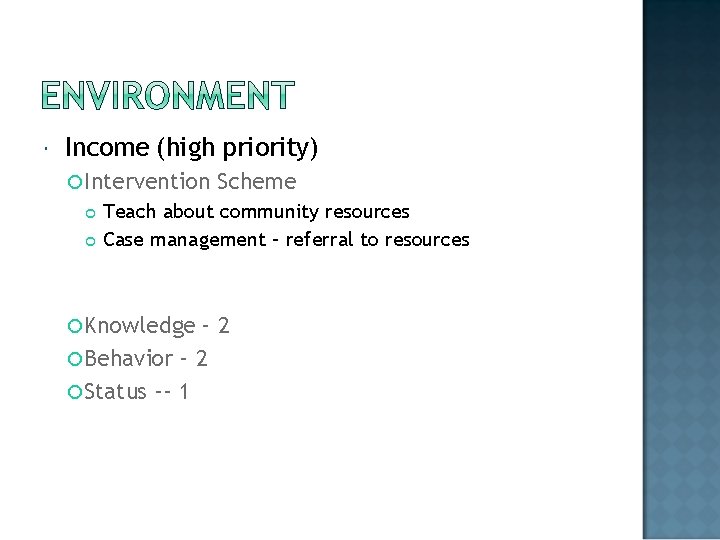  Income (high priority) Intervention Scheme Teach about community resources Case management – referral