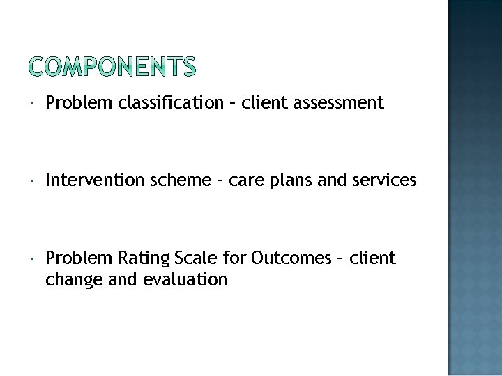  Problem classification – client assessment Intervention scheme – care plans and services Problem
