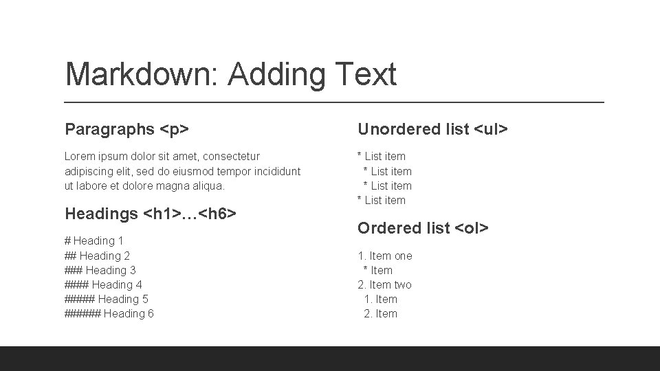 Markdown: Adding Text Paragraphs <p> Unordered list <ul> Lorem ipsum dolor sit amet, consectetur