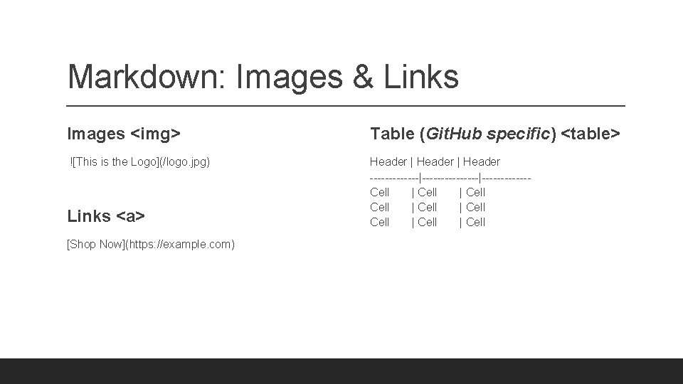 Markdown: Images & Links Images <img> Table (Git. Hub specific) <table> ![This is the