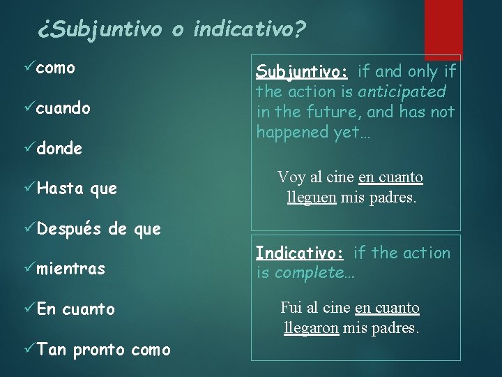 ¿Subjuntivo o indicativo? ücomo ücuando üdonde üHasta que Subjuntivo: if and only if the