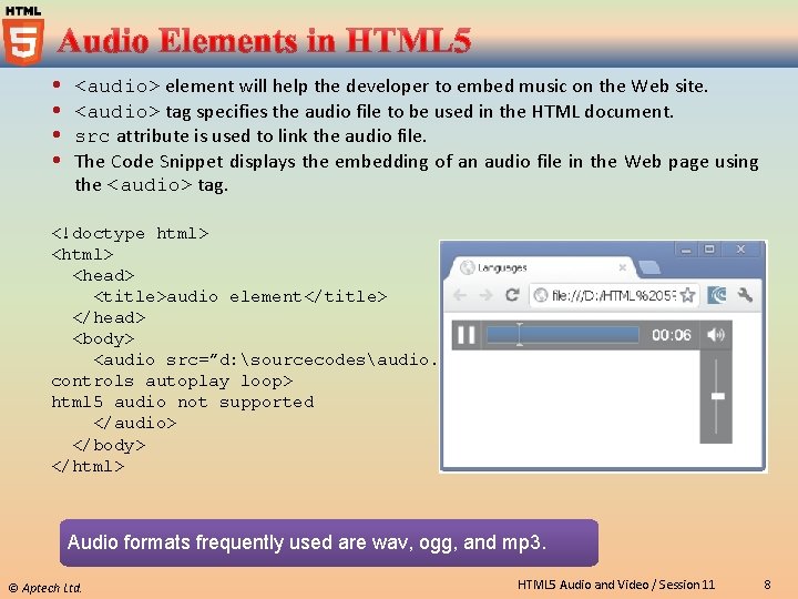  <audio> element will help the developer to embed music on the Web site.