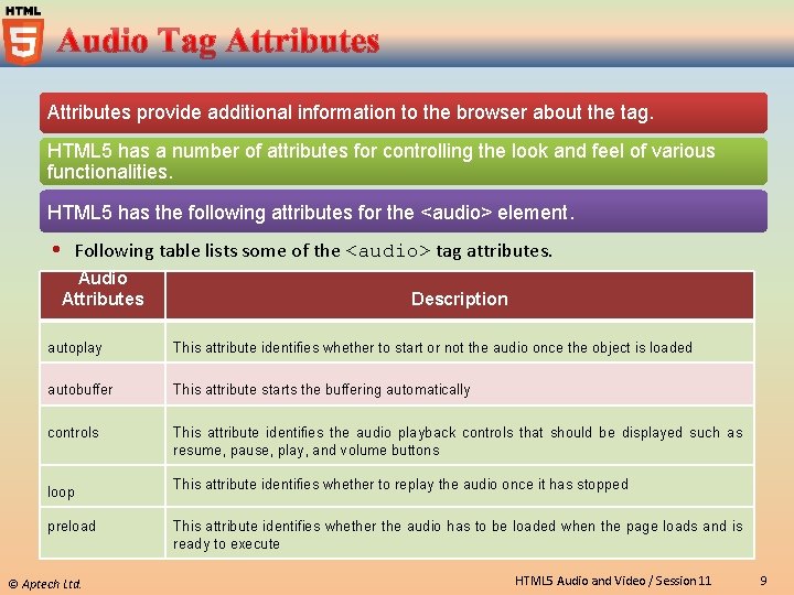 Attributes provide additional information to the browser about the tag. HTML 5 has a