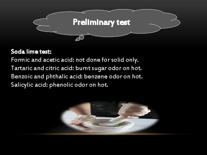 Preliminary test Soda lime test: Formic and acetic acid: not done for solid only.