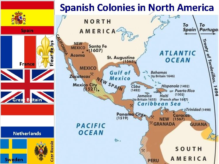 Spanish Colonies in North America France Fleur de lys Spain Great Britain Sweden Czar