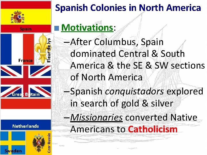 Spanish Colonies in North America France Fleur de lys Spain Great Britain Sweden Czar
