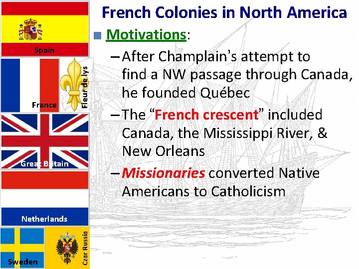 French Colonies in North America France Fleur de lys Spain Great Britain Sweden Czar