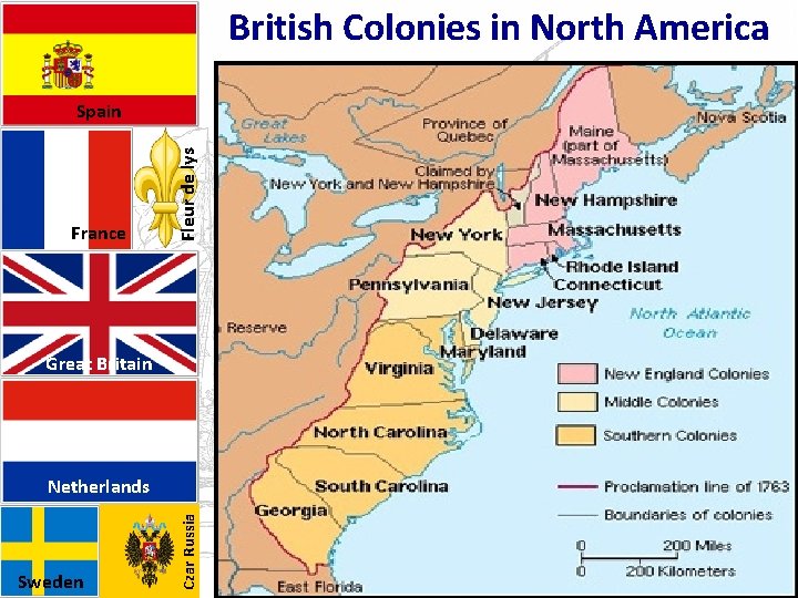 British Colonies in North America France Fleur de lys Spain Great Britain Sweden Czar