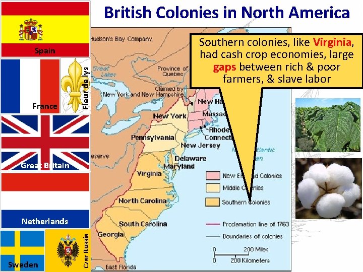 British Colonies in North America France Fleur de lys Spain Great Britain Sweden Czar
