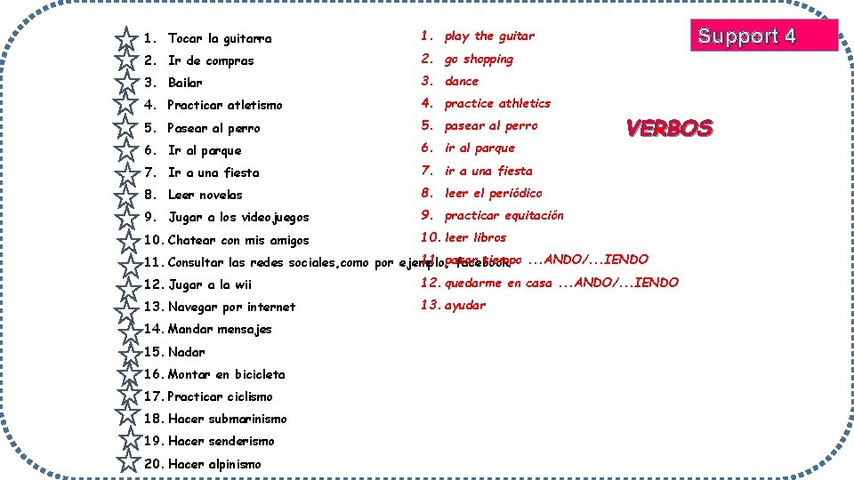 1. Tocar la guitarra 1. play the guitar 2. Ir de compras 2. go