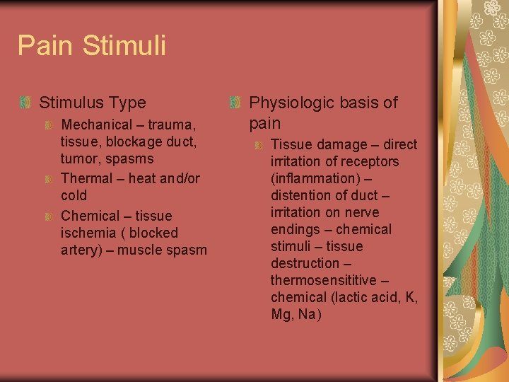 Pain Stimuli Stimulus Type Mechanical – trauma, tissue, blockage duct, tumor, spasms Thermal –