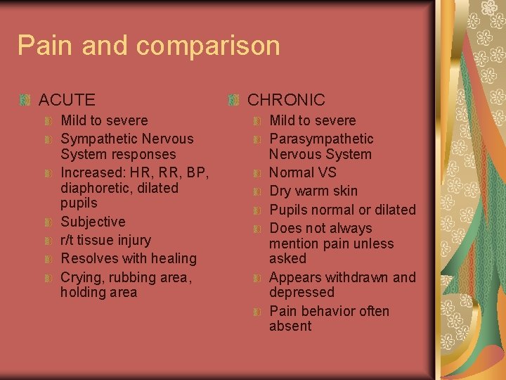 Pain and comparison ACUTE Mild to severe Sympathetic Nervous System responses Increased: HR, RR,