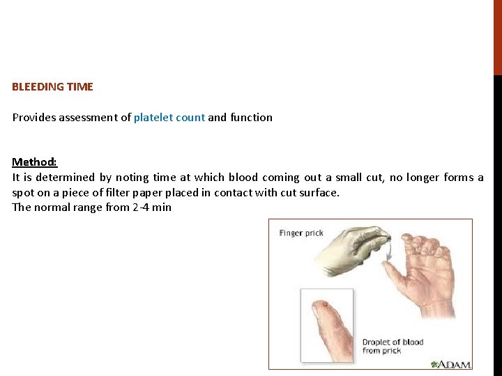 BLEEDING TIME Provides assessment of platelet count and function Method: It is determined by BLEEDING TIME Provides assessment of platelet count and function Method: It is determined by