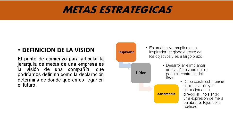 METAS ESTRATEGICAS • DEFINICION DE LA VISION El punto de comienzo para articular la