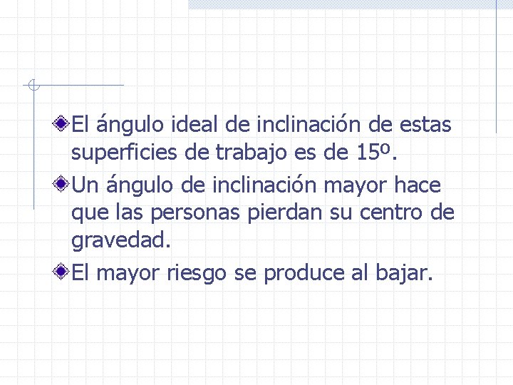 El ángulo ideal de inclinación de estas superficies de trabajo es de 15º. Un