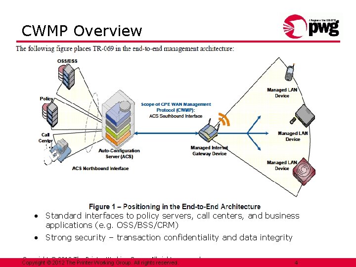 CWMP Overview • CWMP (CPE WAN Management Protocol) is a Broadband Forum standard (TR-069)