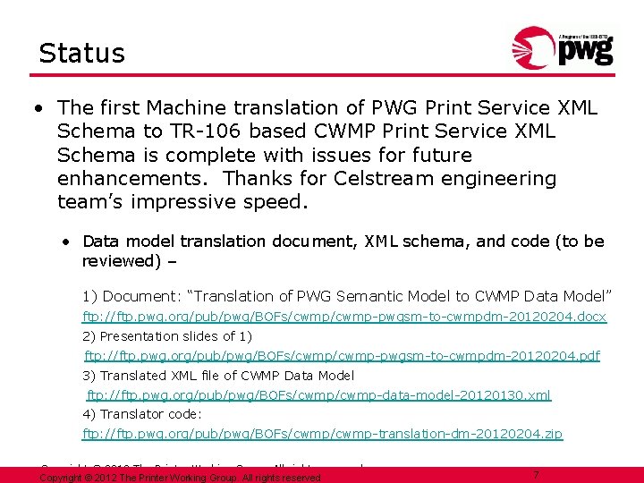 Status • The first Machine translation of PWG Print Service XML Schema to TR-106
