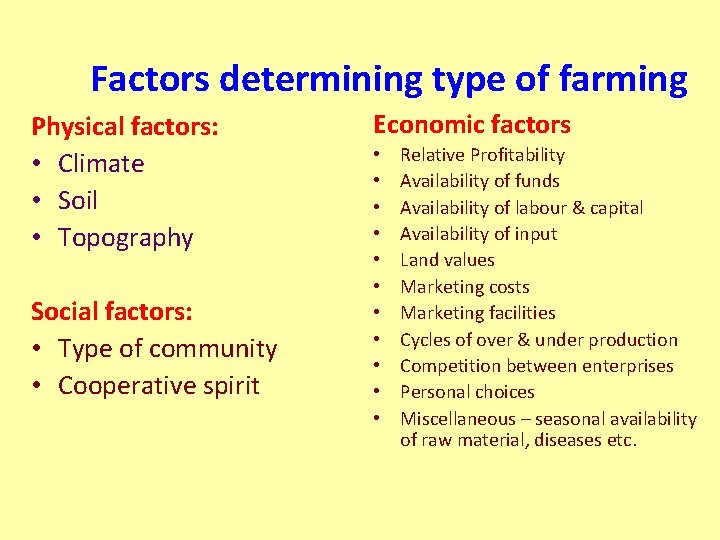 Factors determining type of farming Physical factors: • Climate • Soil • Topography Social