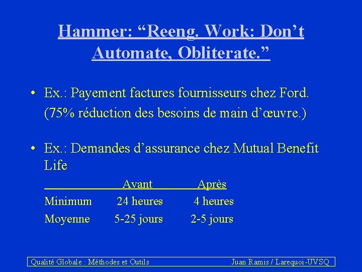 Hammer: “Reeng. Work: Don’t Automate, Obliterate. ” • Ex. : Payement factures fournisseurs chez