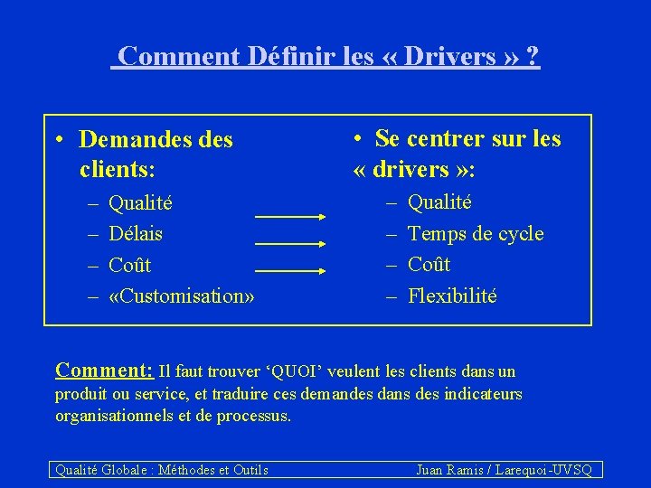  Comment Définir les « Drivers » ? • Demandes clients: – – Qualité