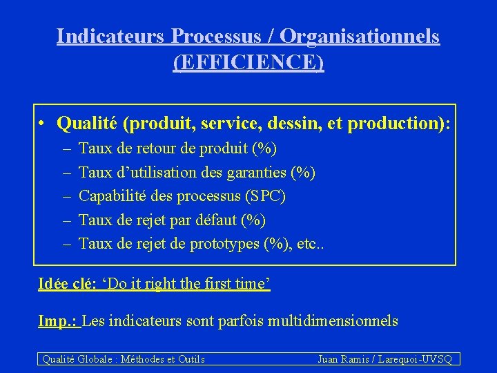 Indicateurs Processus / Organisationnels (EFFICIENCE) • Qualité (produit, service, dessin, et production): – –