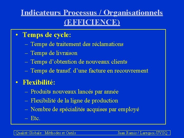Indicateurs Processus / Organisationnels (EFFICIENCE) • Temps de cycle: – – Temps de traitement