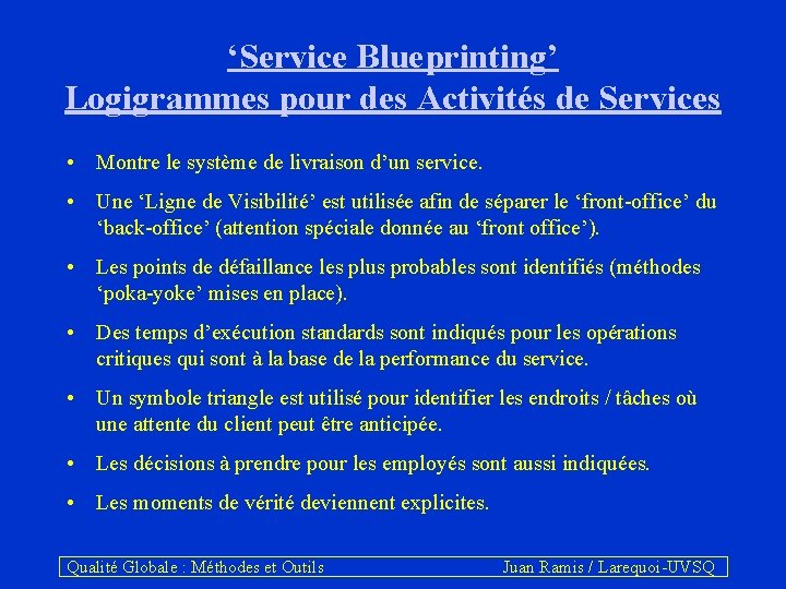 ‘Service Blueprinting’ Logigrammes pour des Activités de Services • Montre le système de livraison