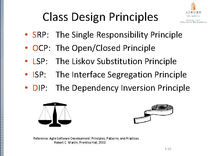 Class Design Principles • • • SRP: OCP: LSP: ISP: DIP: The Single Responsibility