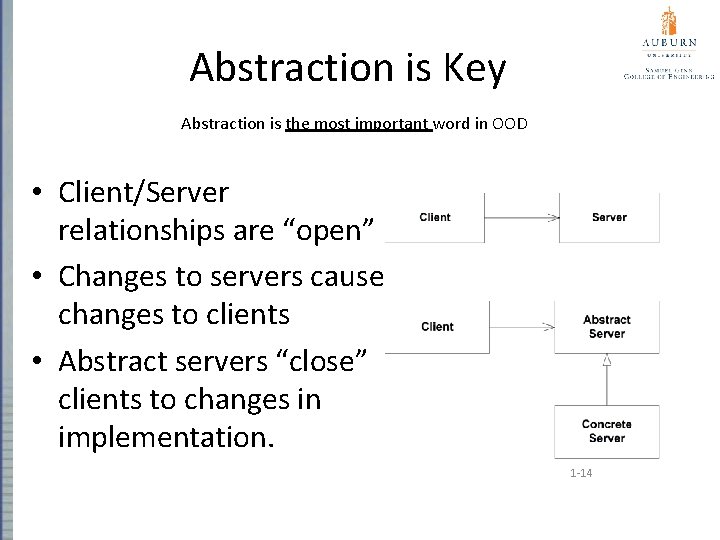 Abstraction is Key Abstraction is the most important word in OOD • Client/Server relationships