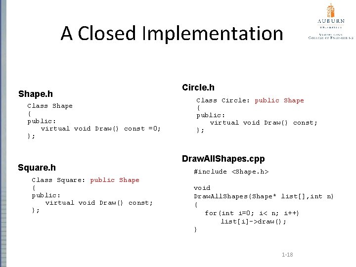 A Closed Implementation Shape. h Class Shape { public: virtual void Draw() const =0;