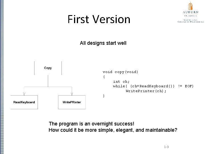 First Version All designs start well void copy(void) { int ch; while( (ch=Read. Keyboard())