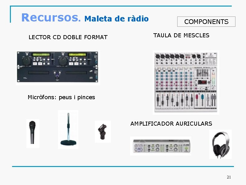 Recursos. Maleta de ràdio LECTOR CD DOBLE FORMAT COMPONENTS TAULA DE MESCLES Micròfons: peus