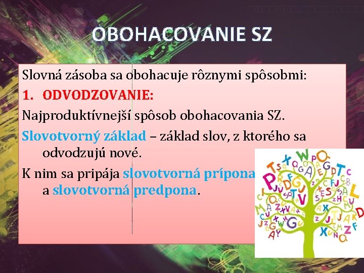 OBOHACOVANIE SZ Slovná zásoba sa obohacuje rôznymi spôsobmi: 1. ODVODZOVANIE: Najproduktívnejší spôsob obohacovania SZ. OBOHACOVANIE SZ Slovná zásoba sa obohacuje rôznymi spôsobmi: 1. ODVODZOVANIE: Najproduktívnejší spôsob obohacovania SZ.